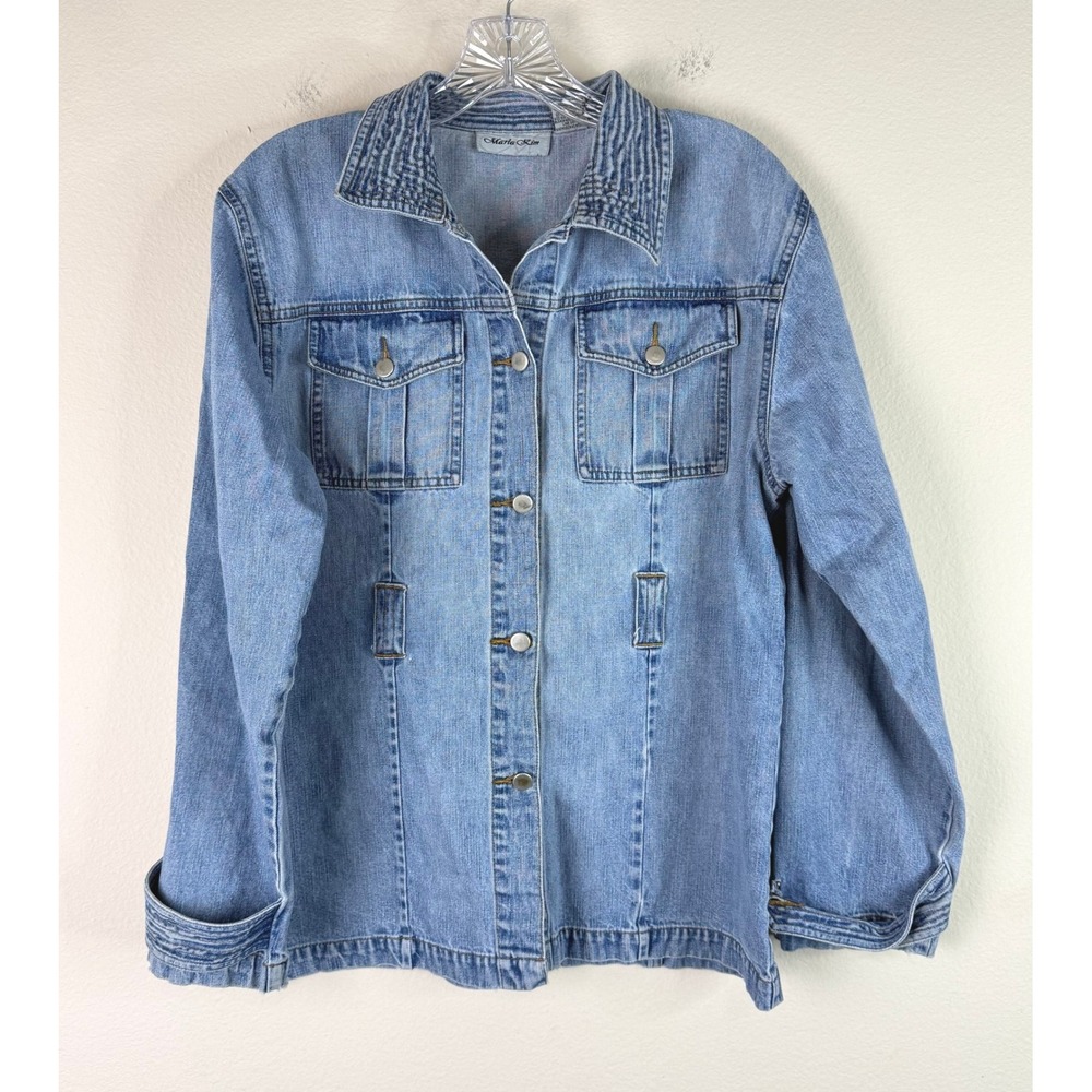 Marla Kim Denim Jacket Women Medium Light Wash Button Front Cotton FLAW